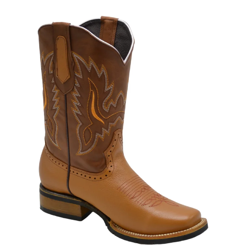 Western - style men's cowboy boots with intricate stitchingVE-030  TAN Men's Western Boots: Square Toe, Sole Rubber Cowboy & Rodeo Boots in Genuine Leather