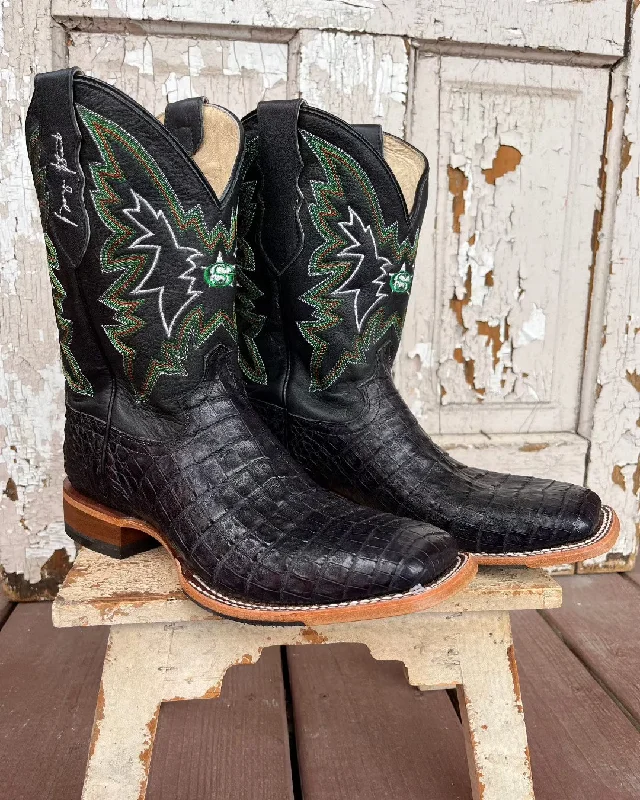 Men's cowboy boots with a concho belt detailJustin Men's George Strait Haggard Black Caiman Square Toe Cowboy Boot GR5705