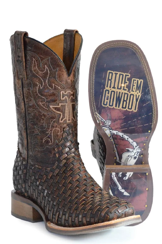 Men's cowboy boots with a tooled leather designTin Haul Mens Lacer Cognac Leather Cowboy Boots