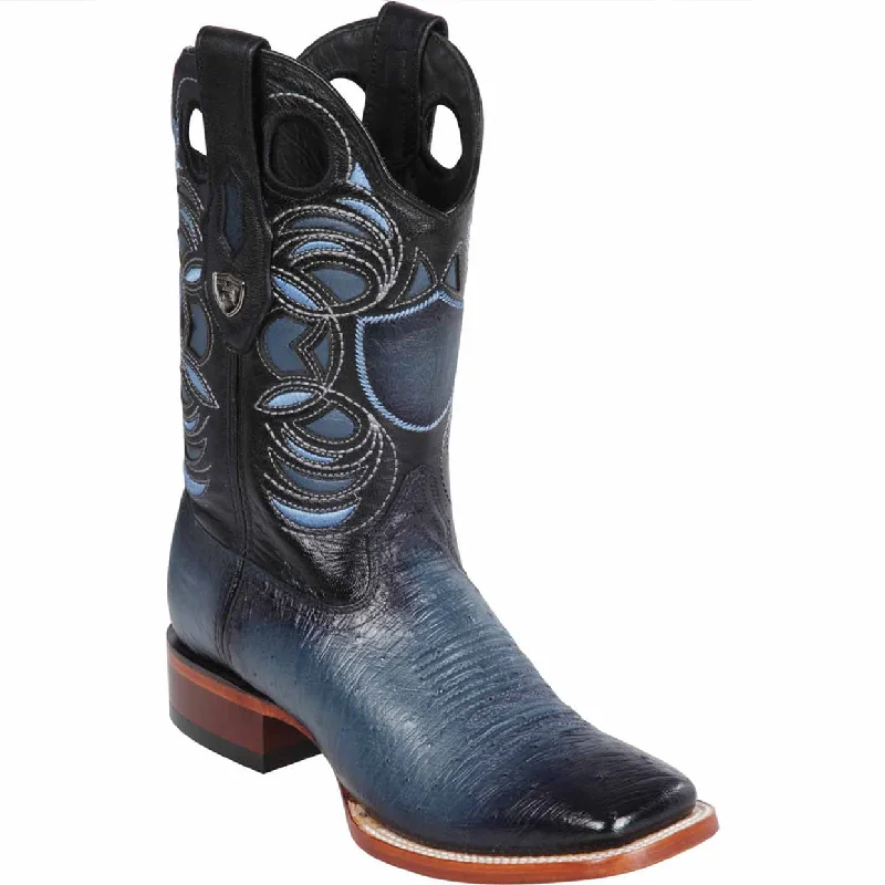 Men's cowboy boots with a concho belt detailBlue Ostrich Belly Ranch Toe Western Boots