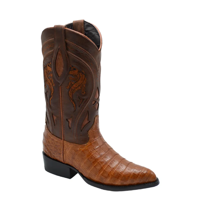 Men's cowboy boots with a snake - skin textureJOE BOOTS 906 COGNAC  J Toe Boots,  Original  Men's Cowboy Boots Caiman Genuine Leather,  Western Boots.