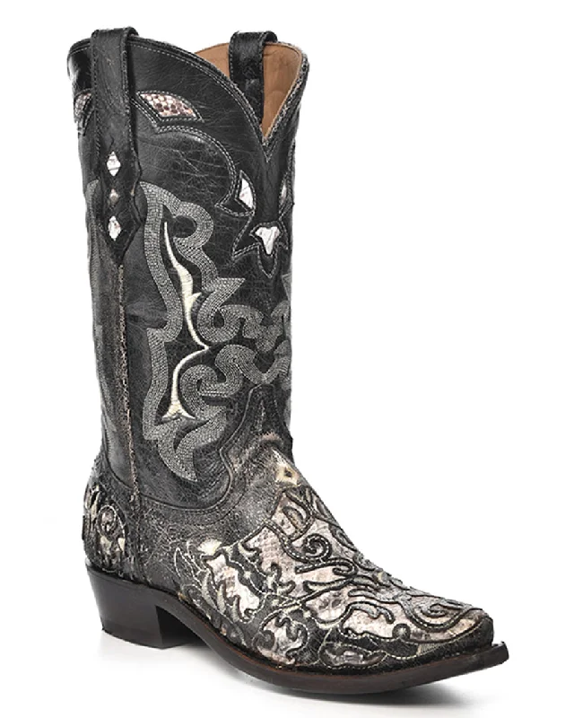 Men's cowboy boots with a concho belt detailMen's Exotic Inlay Western Boots