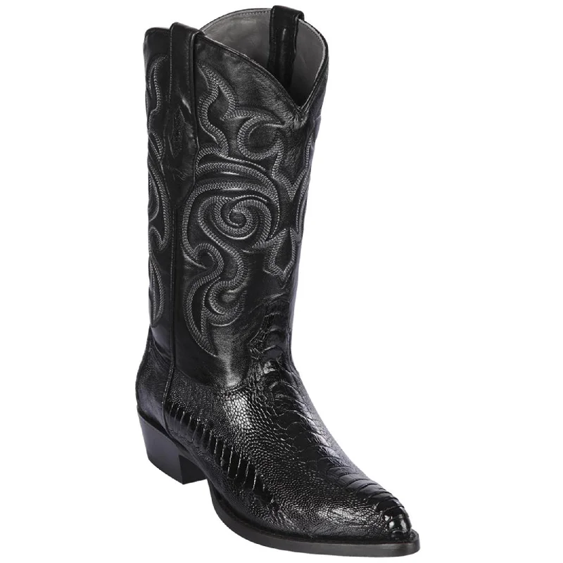 Men's genuine leather cowboy boots with a pointed toeBlack Ostrich Leg J-Toe Western Boots