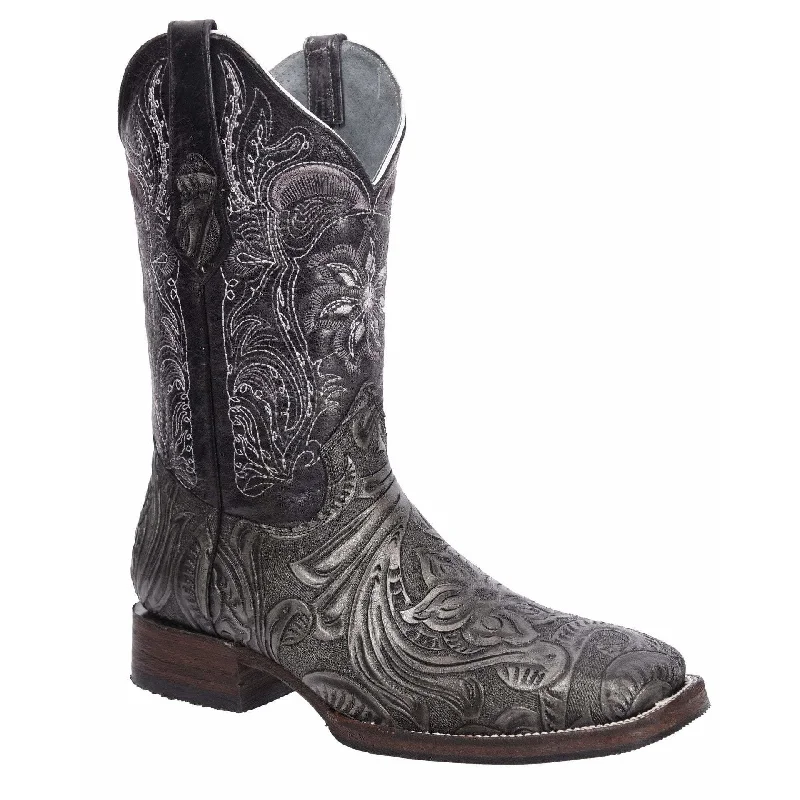 Men's cowboy boots with a pull - on strapJOE BOOTS 569 Hand Tooled Print BLACK Men's Western Boots: Square Toe Cowboy & Rodeo Boots in Genuine Leather