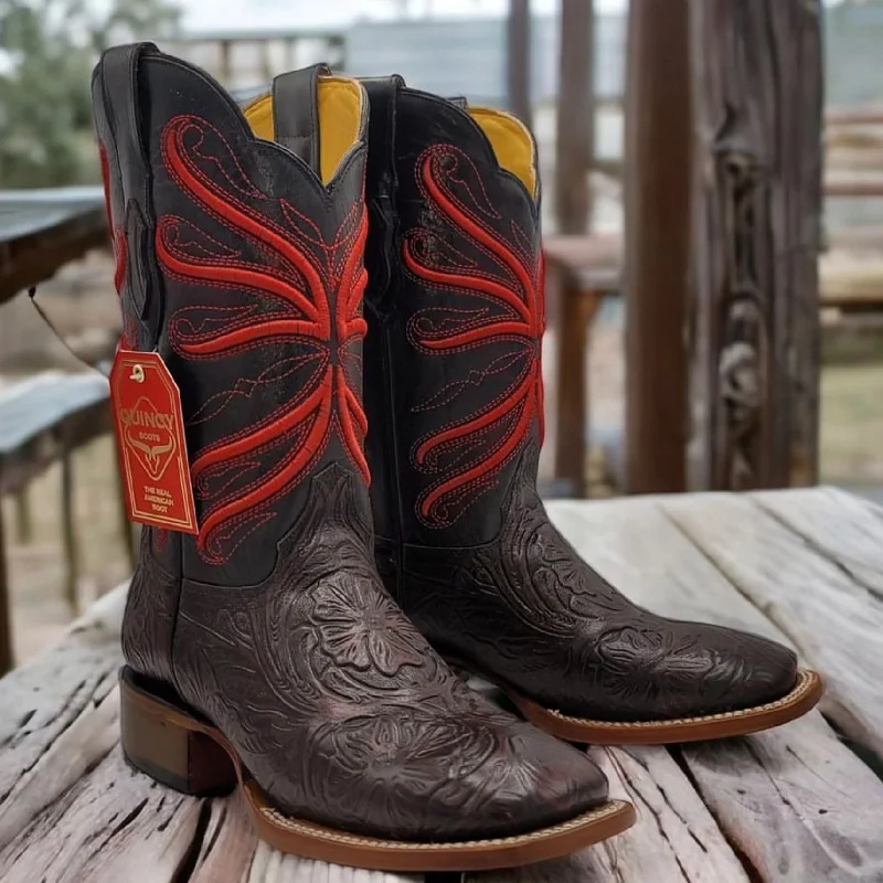 Vintage - style men's cowboy boots with a square toePrint Hand-Tooled Cowboy Boots