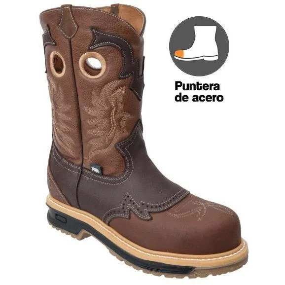 Men's cowboy boots with a concho belt detailSB1035 SILVER BULL Men Steel Toe Brown (WIDE EE LAST - HALF NUMBER LESS RECOMMENDED)