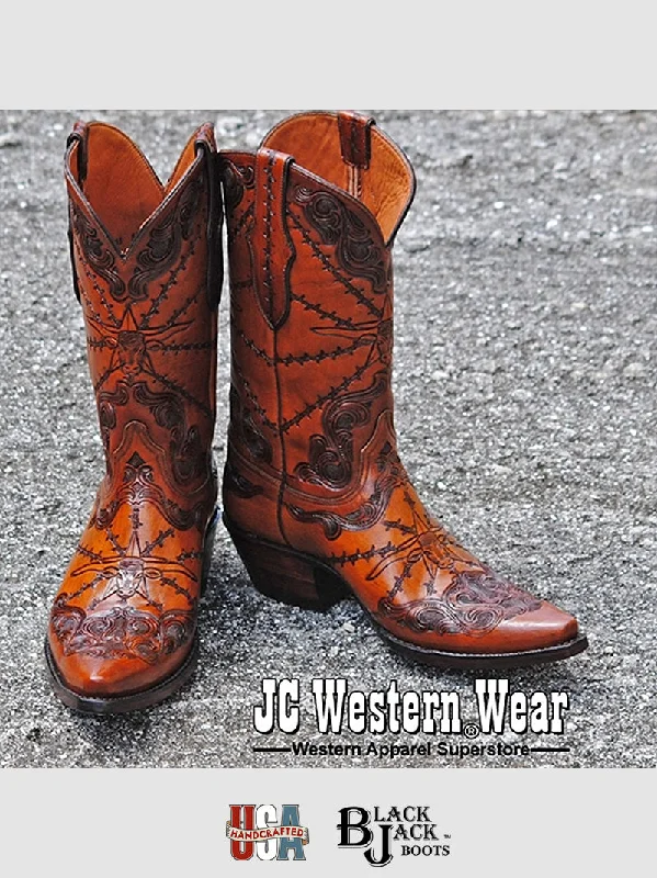 Men's cowboy boots with a tooled leather designBlack Jack HT-103-54 Mens Handtooled Longhorn Boots Cognac