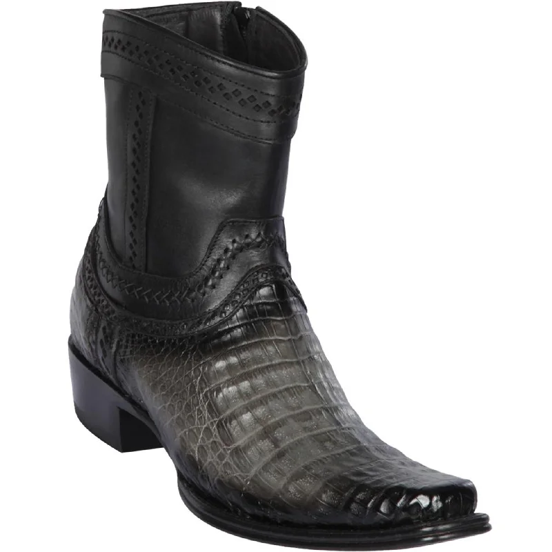 Men's cowboy boots with a concho belt detailShort Ankle Grey Caiman Boots - European Toe