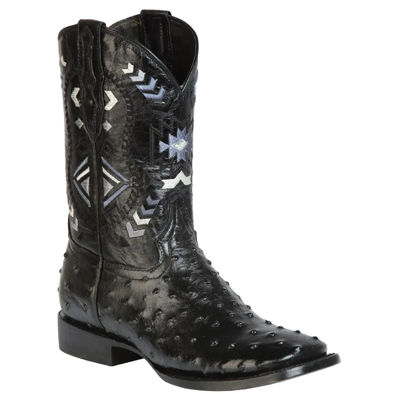 Men's cowboy boots with a pull - on strapBlack Ostrich Print Boots Square Toe