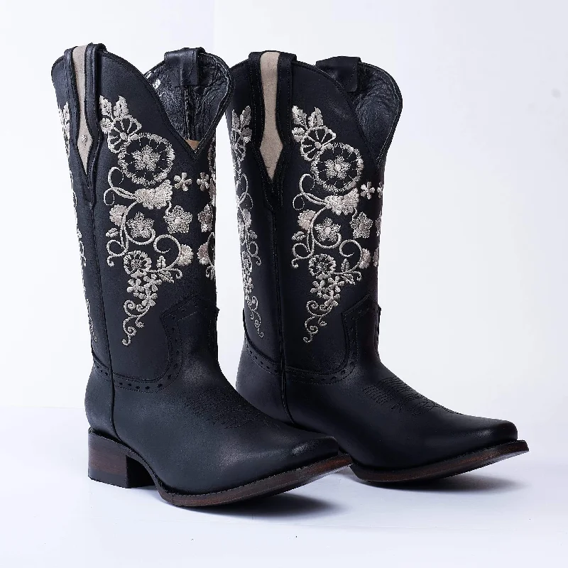 Men's cowboy boots with a concho belt detailJOE BOOTS 15-01 BLACK, Premium Women's Cowboy Embroidered Boots: Square Toe Western Boot. White Flowers