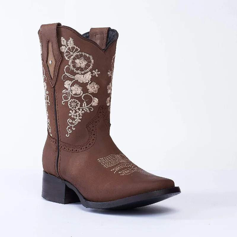 Men's cowboy boots with a high - heeled designJOE BOOTS 14-01 Women's Western Ankle Boots BROWN with Flowers, Embroidered Boots: Square Toe.