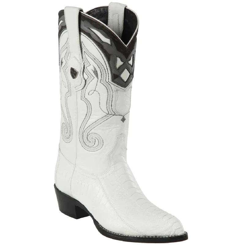 Western - style men's cowboy boots with intricate stitchingMens White Ostrich Boots J-Toe