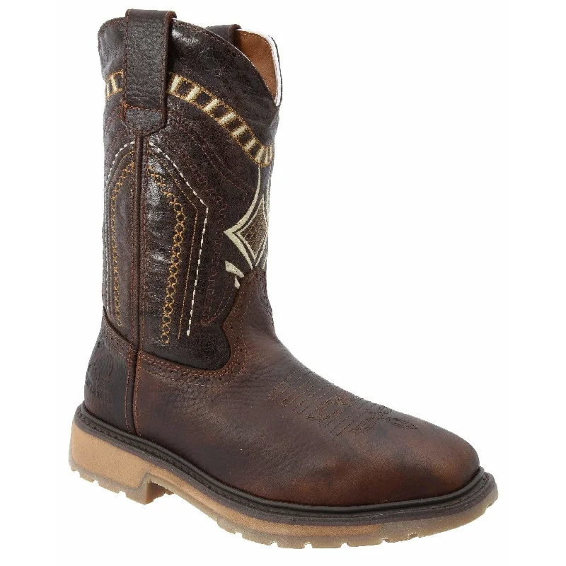 Men's cowboy boots with a high - heeled designSB5001 Silver Bull Square Toe Steel Toe Brown Rustic Boot (WIDE EE LAST-HALF NUMBER LESS RECOMMENDED)