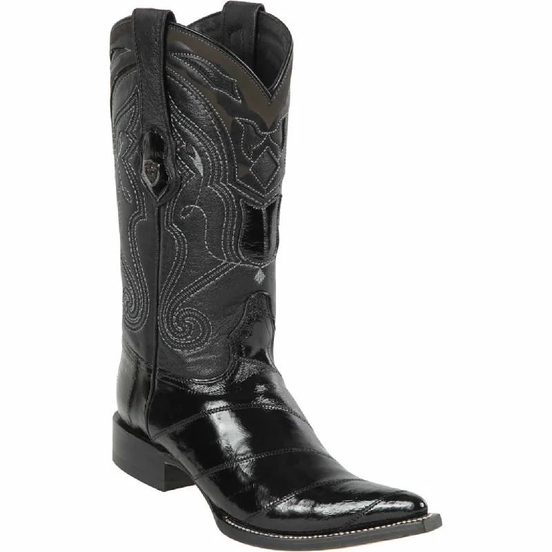 Western - style men's cowboy boots with intricate stitchingMens Eel Black Pointy Mexican Boots