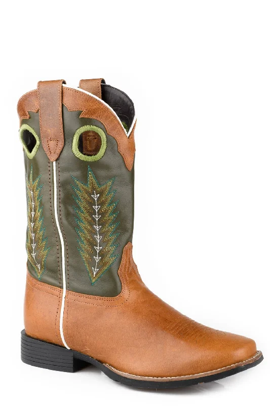 Men's cowboy boots with a concho belt detailRoper Mens James Tan/Green Leather Cowboy Boots