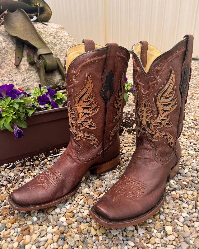 Men's cowboy boots with a snake - skin textureCorral Men's Brown Overlay Square Toe Cowboy Boots C4022