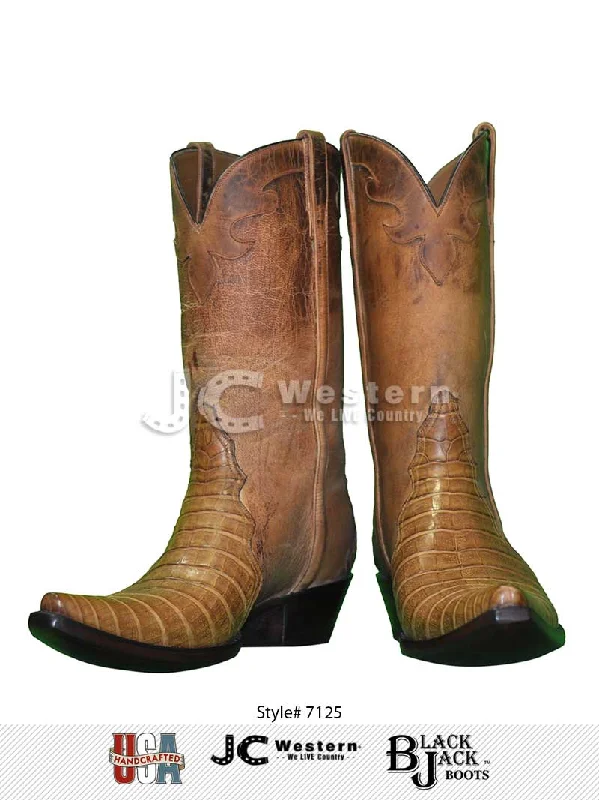 Western - style men's cowboy boots with intricate stitchingBlack Jack 7125 Mens Caiman Belly Triad Boots Saddle Tan