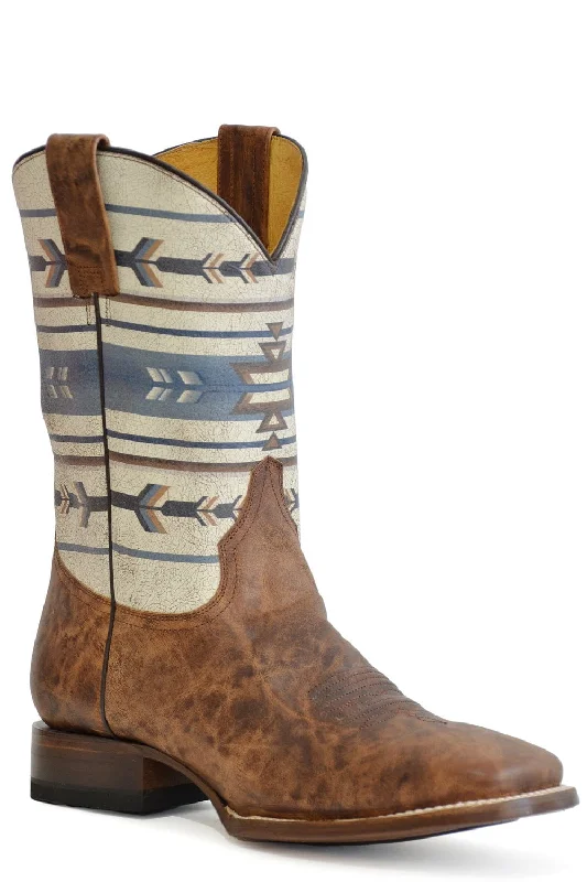 Men's cowboy boots with a silver - toned buckleRoper Mens Aztek Tan/White Leather Cowboy Boots