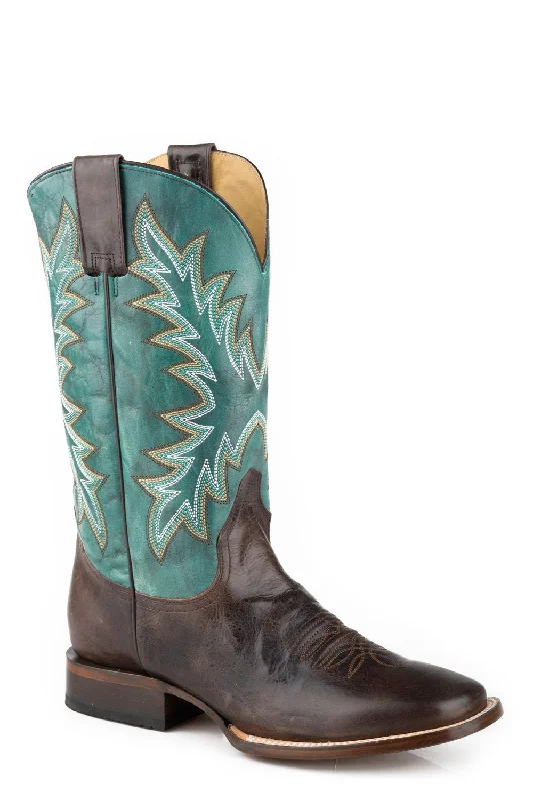 Vintage - style men's cowboy boots with a square toeStetson Mens Cole Brown/Turquoise Leather Cowboy Boots