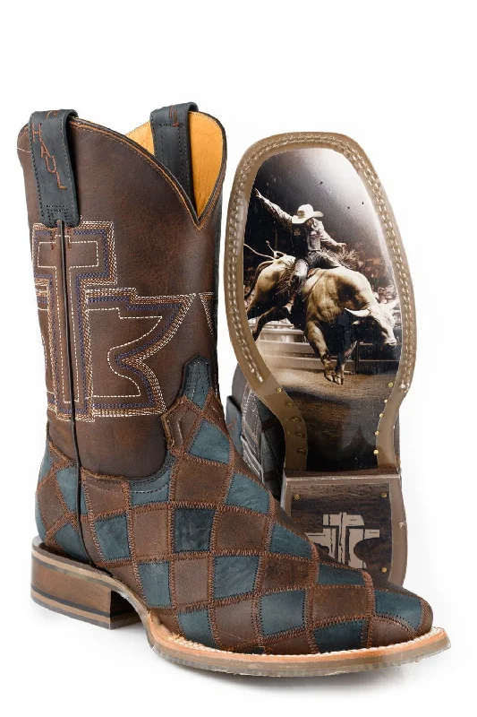 Western - style men's cowboy boots with intricate stitchingTin Haul Mens Check Me Out Brown/Blue Leather Cowboy Boots