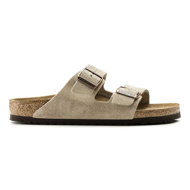 Men's sandals with a perforated leather upper for ventilationBirkenstock Men's Arizona Taupe Suede