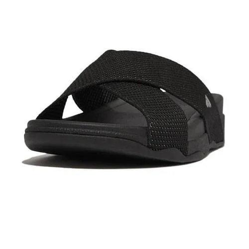 Men's sandals with a rubber sole for tractionFitFlop Men's Surfer Two-Tone Webbing Cross Slides - Black