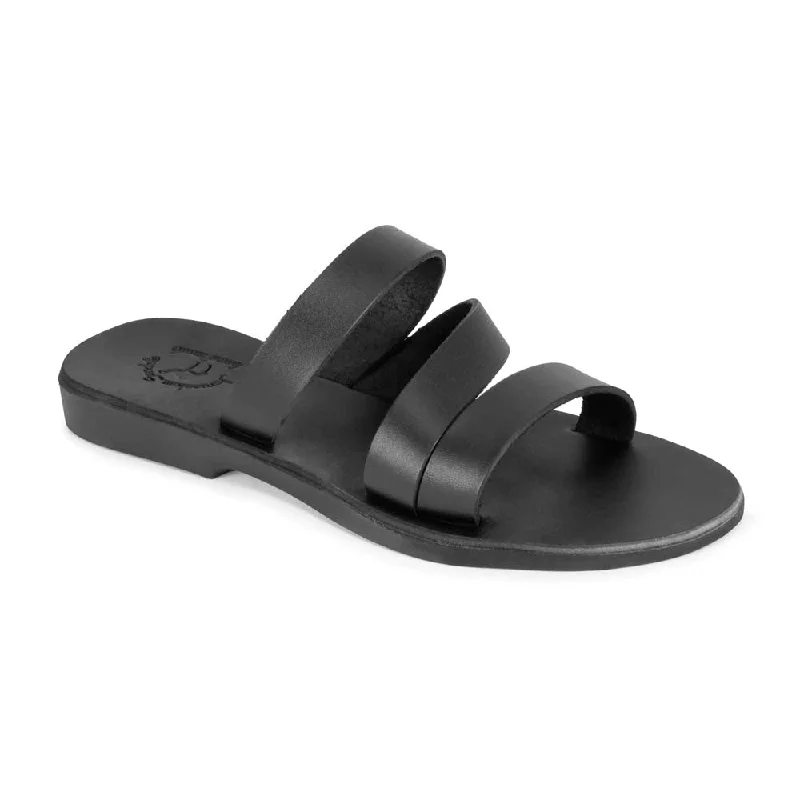 Men's sandals with a rubber sole for tractionMila - Leather Triple Strap Sandal | Black