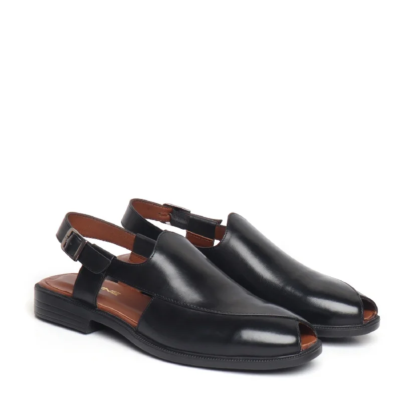 Men's sandals with a decorative buckle or charmCross Design Light Weight Peshawari Sandals in Black Genuine Leather For Men By Brune & Bareskin