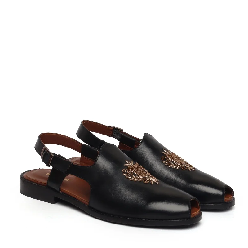 Men's sandals with a durable outer soleHand Zardosi Peshawari Sandals with Open Toe Black Leather