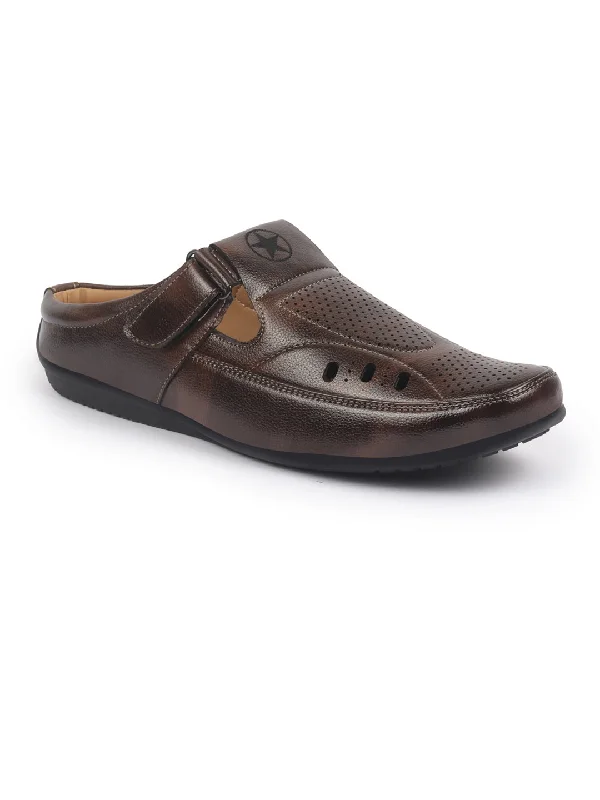 Men's sandals with a leather lining for comfortFAUSTO Men Brown Back Open Perforated Breathable Casual Sandal With Cushioned Footbed|Adujstable Strap Stitched Slip On Sandal For Work|Evening