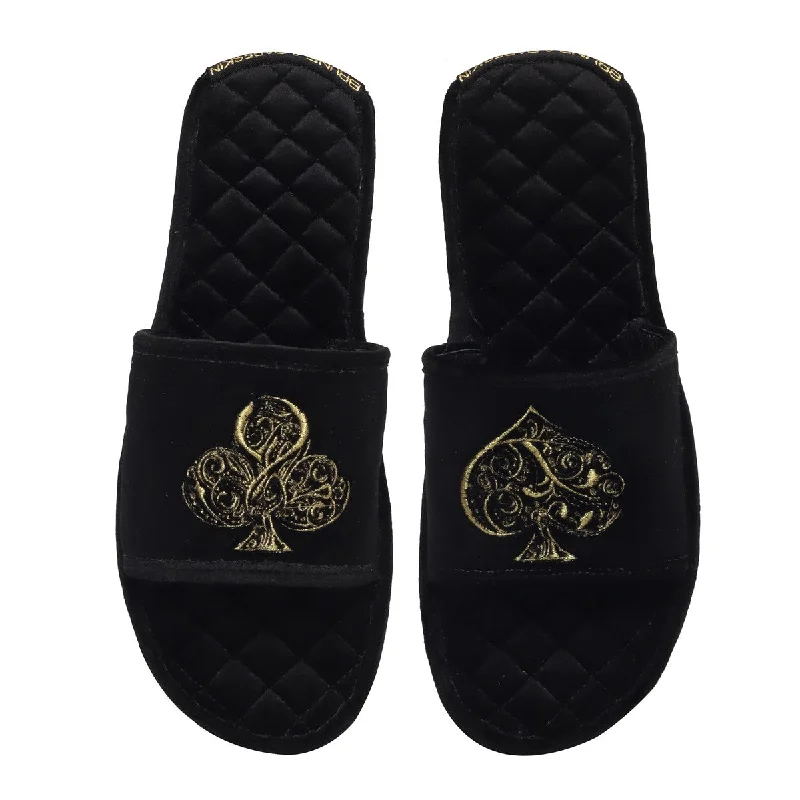 Men's sandals with a contrast stitching detailGolden Poker Detailed Embroidery Super Soft Base Black Velvet Slide-in Slippers by Brune & Bareskin