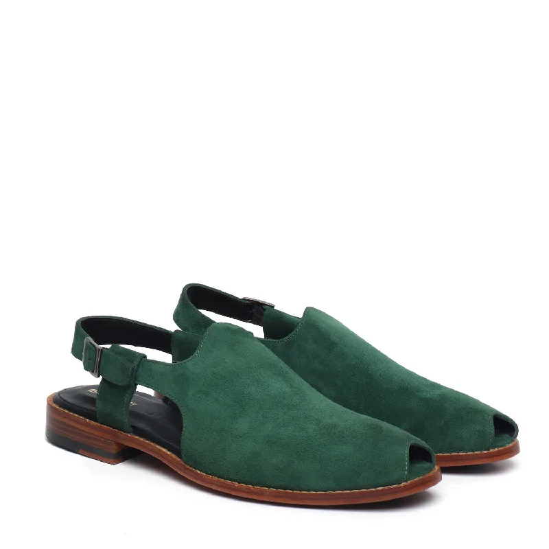 Men's sandals with a wide strap for supportGreen Light Weight Peshawari Sandals in Suede Leather For Men By Brune & Bareskin