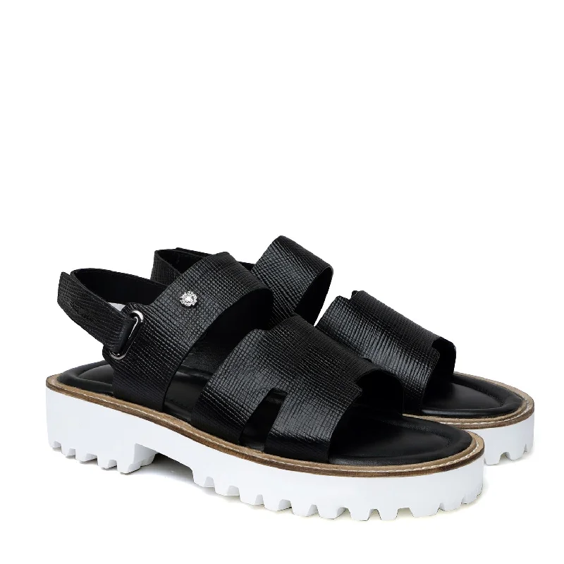 Waterproof men's sandals for water activitiesLight Weight Chunky Sole Sandal in Saffiano Black Leather