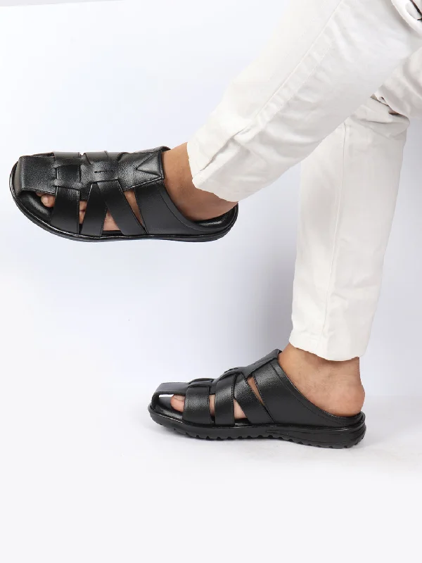 Men's sandals with a wide strap for supportMen Black Genuine Leather Criss Cross Strap Back Open Slip On Closed Toe Dress Sandals