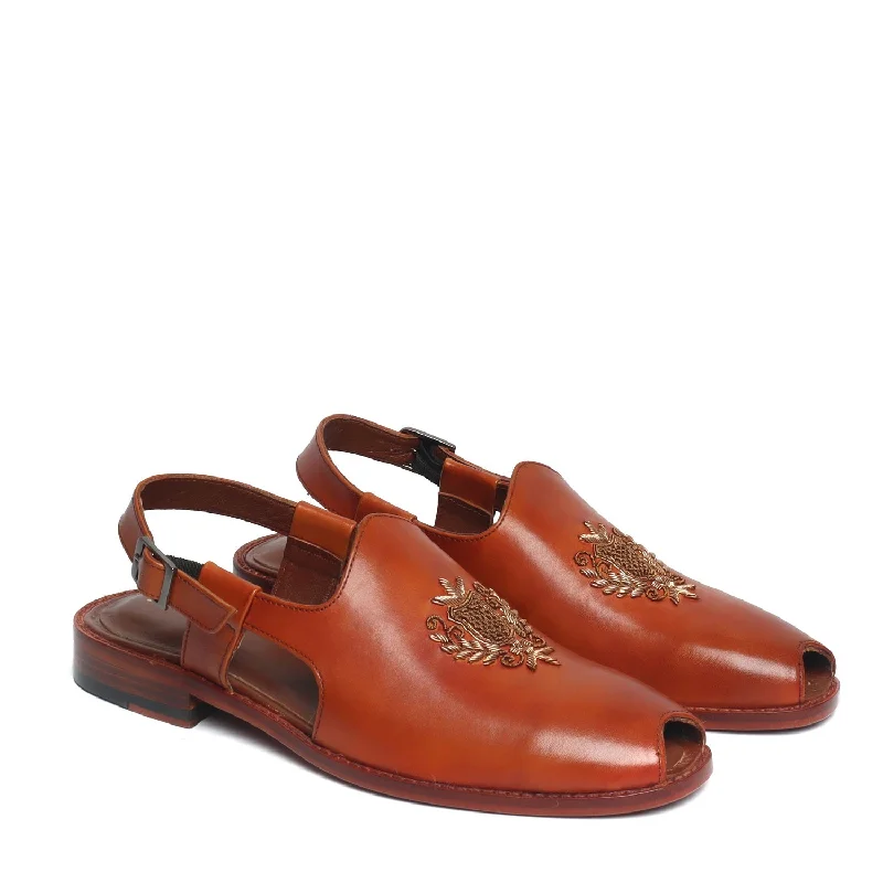 Men's sandals with a buckle closureOpen Toe Peshawari Sandals with Hand Zardosi Tan Leather