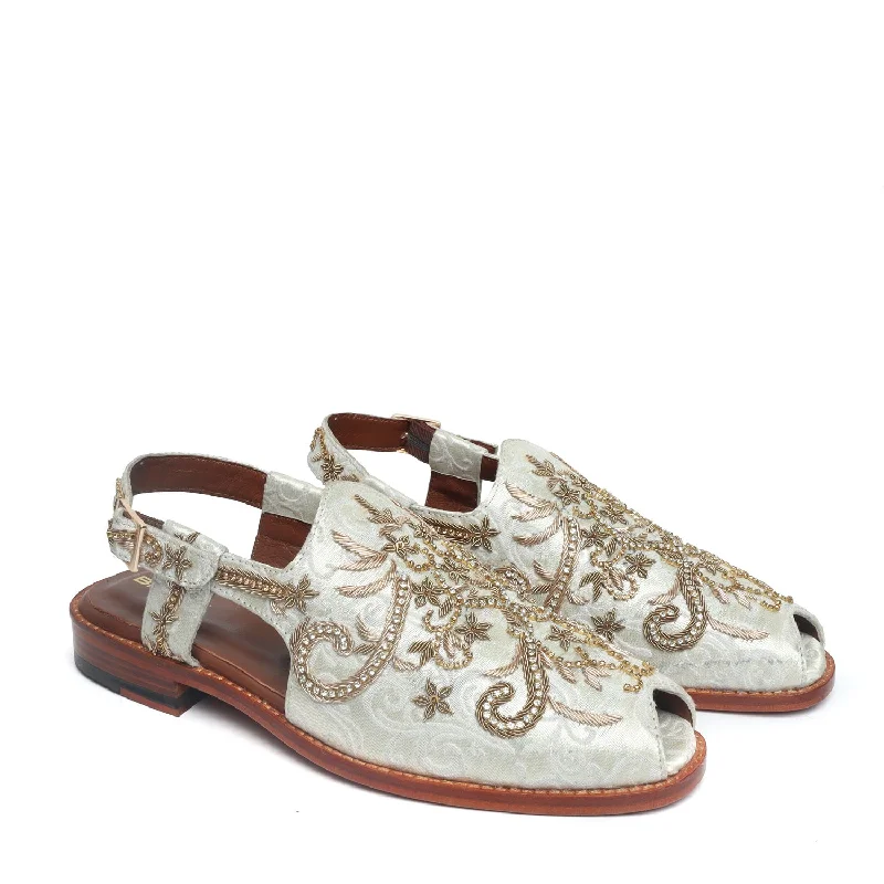 Men's sandals with a rubber sole for tractionWhite Full Zardosi Peshawari Sandal Golden Buckle with Leather Sole