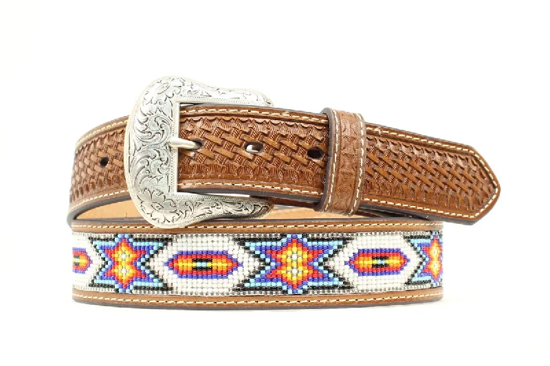 Men's western boots with a high - heeled design and a pointed toeNocona Bead Inlay Embossed Tan Men's Belt