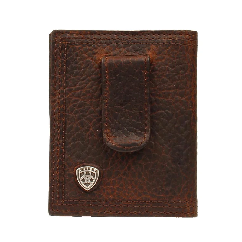 Men's western boots with a traditional western boot silhouette and a polished shineAriat Brown Bifold Clip Shield Wallet