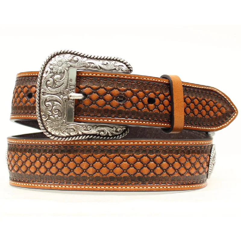 Men's western boots with a suede shaft and a leather soleAriat Tooled Ribbon Inlay Leather Belt