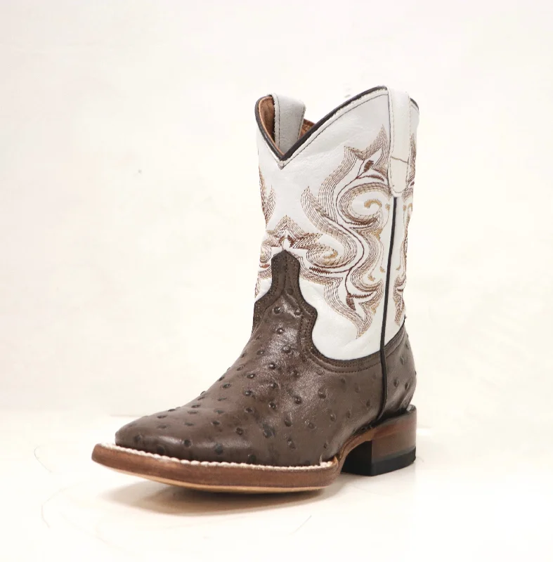 Men's western boots with a traditional western boot silhouette and a polished shineTanner Mark Chocolate Ostrich Print Children's Boot