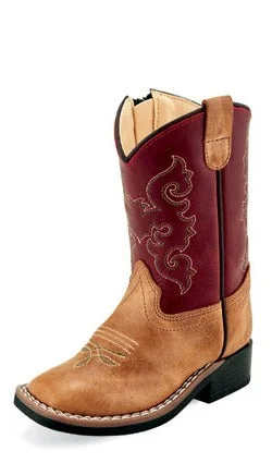 Men's genuine leather western boots with a snake - skin inlayOld West Broad Toe Cactus Tan Children's Boot