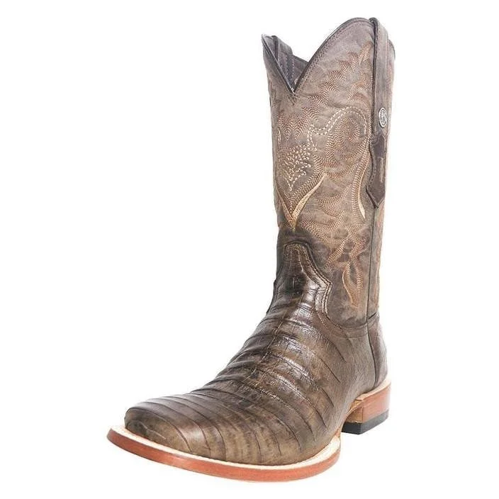 Men's western boots with a decorative concho belt and buckleTanner Mark Nicotine Caiman Print Men's Boots