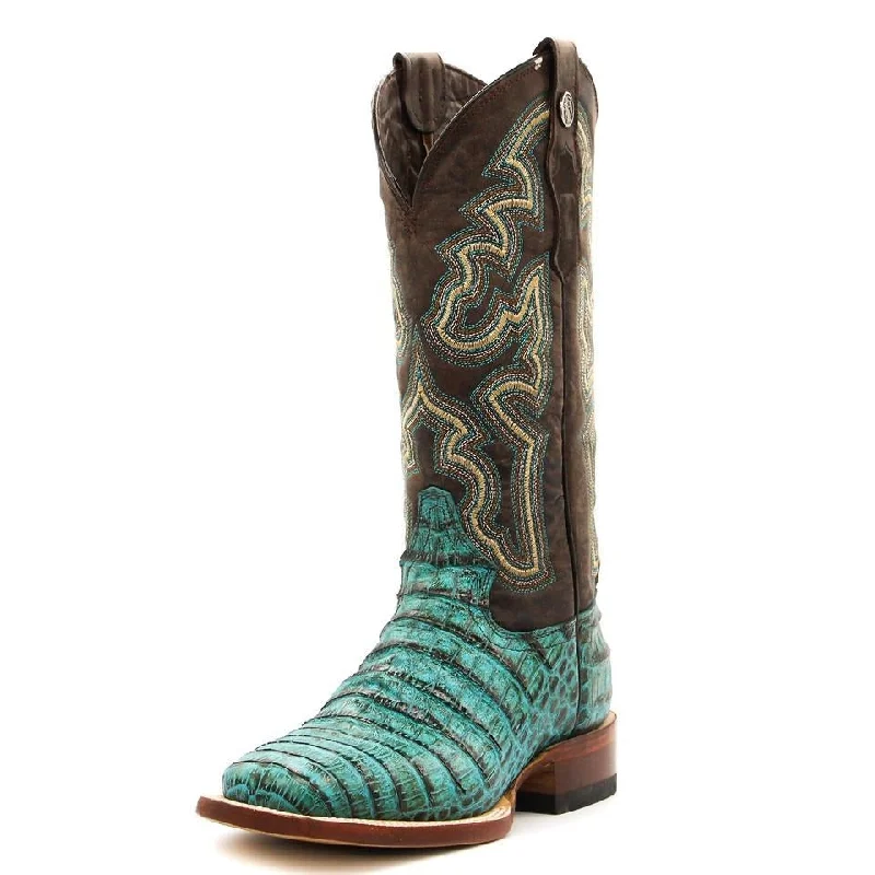 Men's western boots with a decorative inlay on the toe and heelTanner Mark Turquoise Caiman Print Ladies' Boot