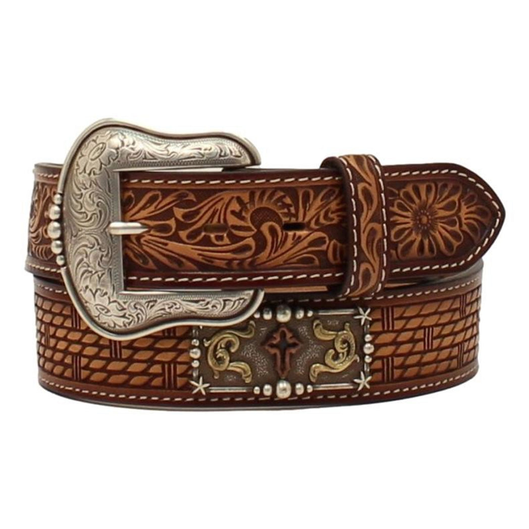 Men's western boots with a traditional western boot silhouette and a polished shineMen's Floral tooled Belt with Rectangle Cross Conchos