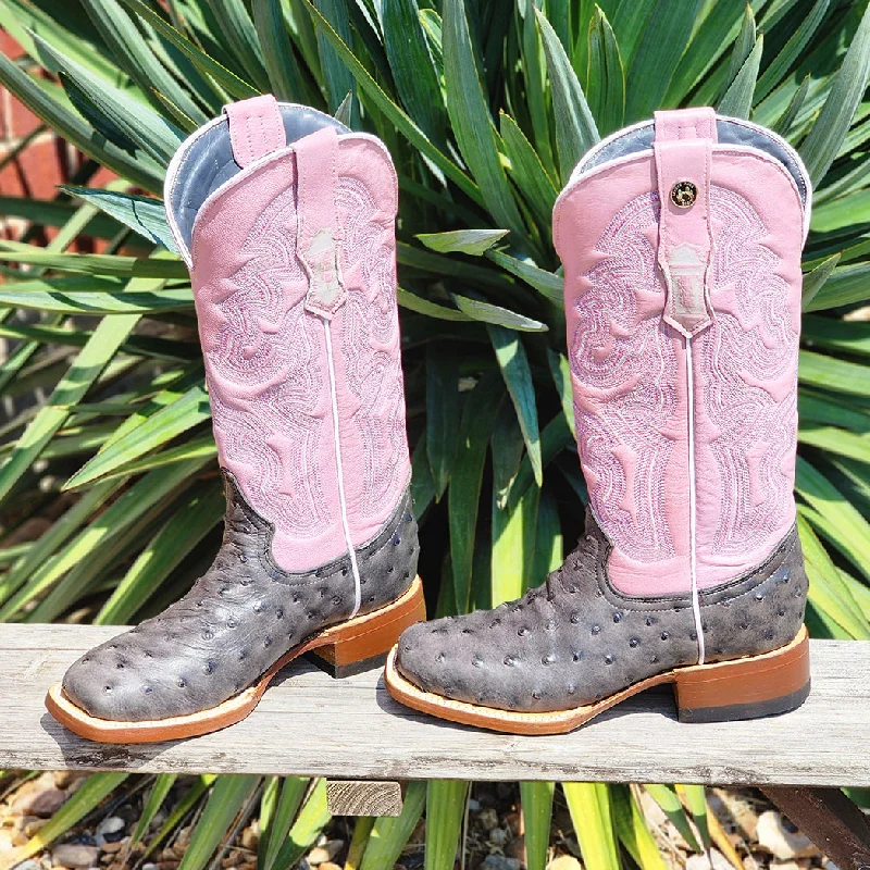 Men's western boots with a distressed leather finish for a rugged lookTanner Mark Women's Gray Ostrich Print Pink Square Toe