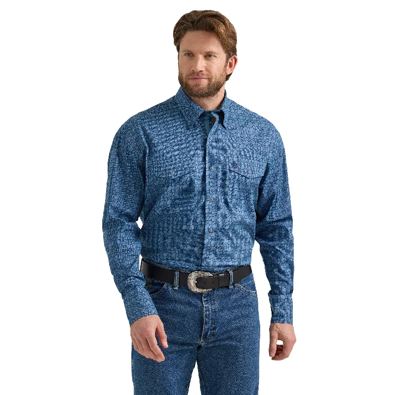 Men's western boots with a distressed leather finish for a rugged lookWrangler Men's George Strait Blue Geo Print Long Sleeve