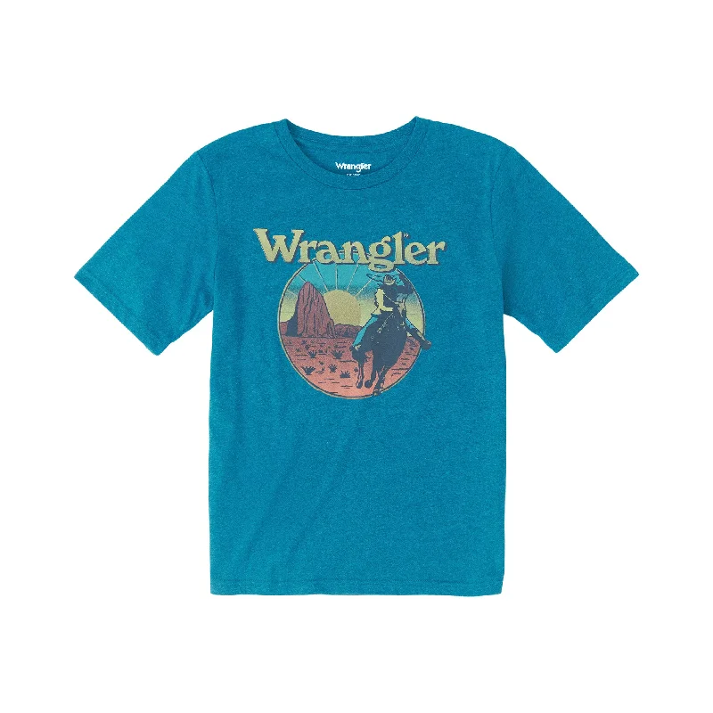 Men's western boots with a decorative concho belt and buckleWrangler Boy's Cyan Heather Desert Roping Tee