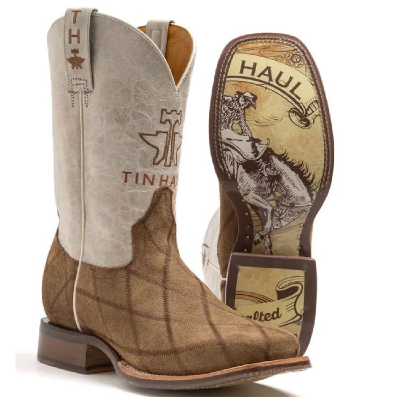 Men's western boots with a tooled leather design on the shaftTin Haul Men's Power Surge Square Toe Boot