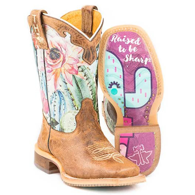 Men's western boots with a suede shaft and a leather soleTin Haul Girl's Cactilicious Square Toe Boot