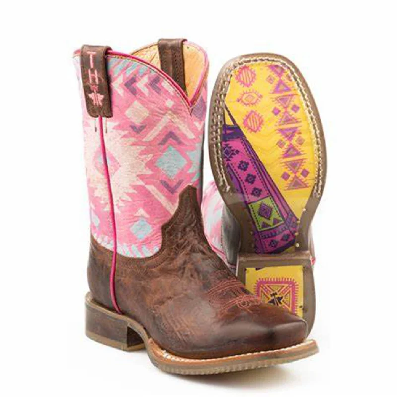 Men's western boots with a tooled leather design on the shaftTin Haul Girl's Pink Moon Aztec Square Toe